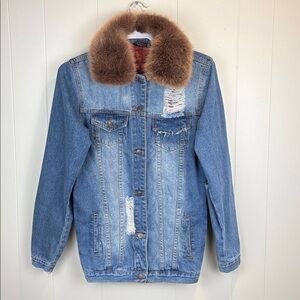Y2K Distressed Jean Jacket with Faux Fur Collar
